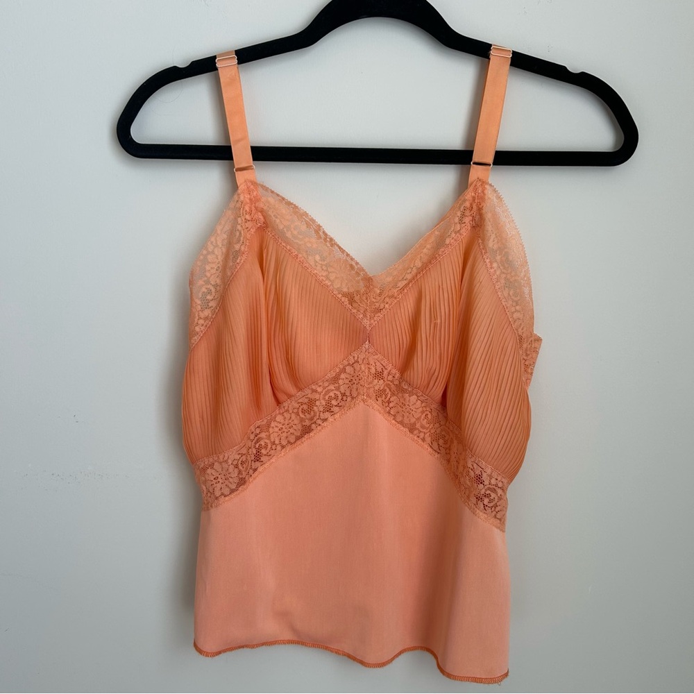 Charmode Vintage Peach Lace Accordion Pleat Ribbon Straps Chemises Top Slip